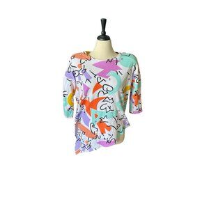 Abstract Graphic Print Asymmetrical Hem Top With Rhinestones White/Multicolor Ou